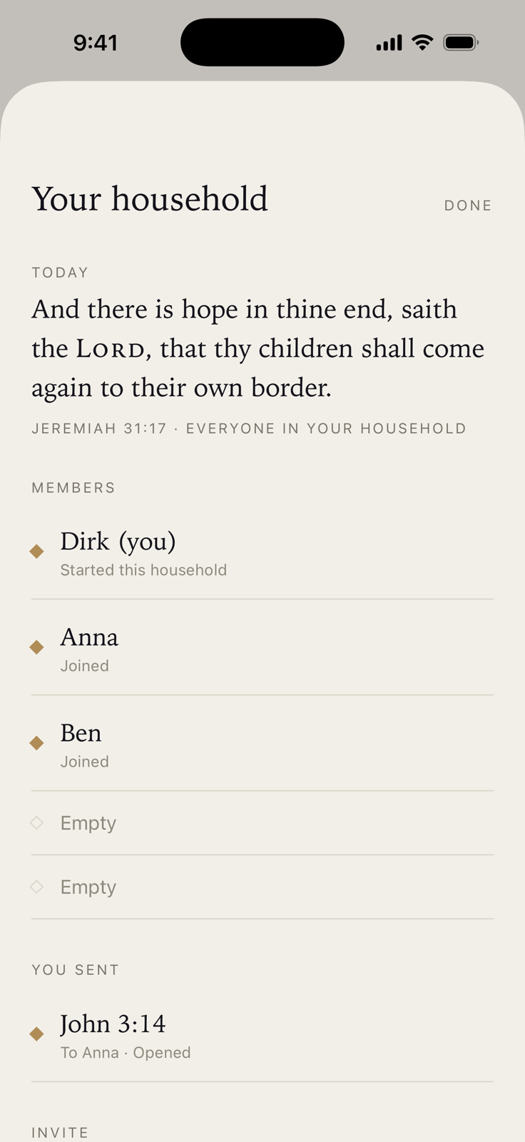 A household of three named members, with the day's shared verse above them.