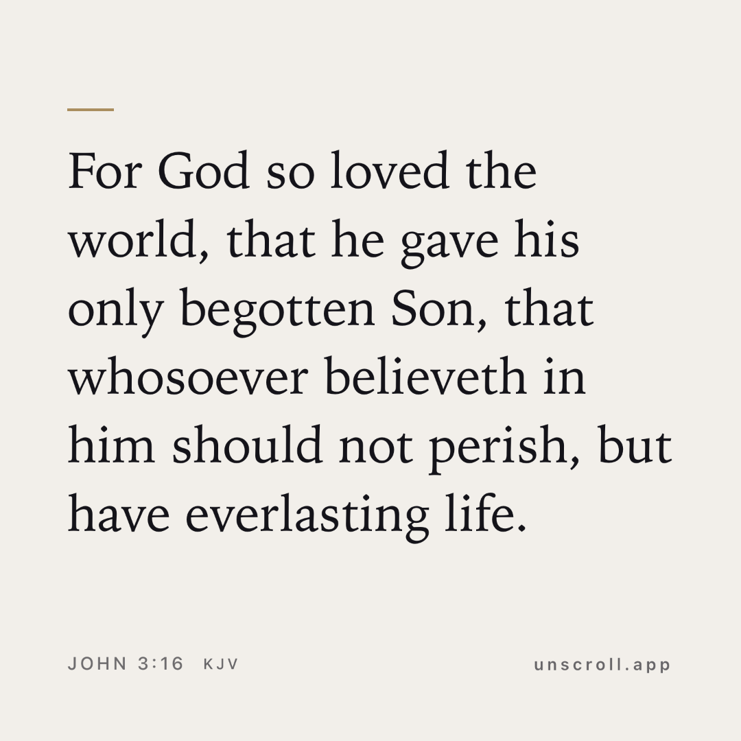 John 3:16 as a square share card on cream, marked unscroll.app.