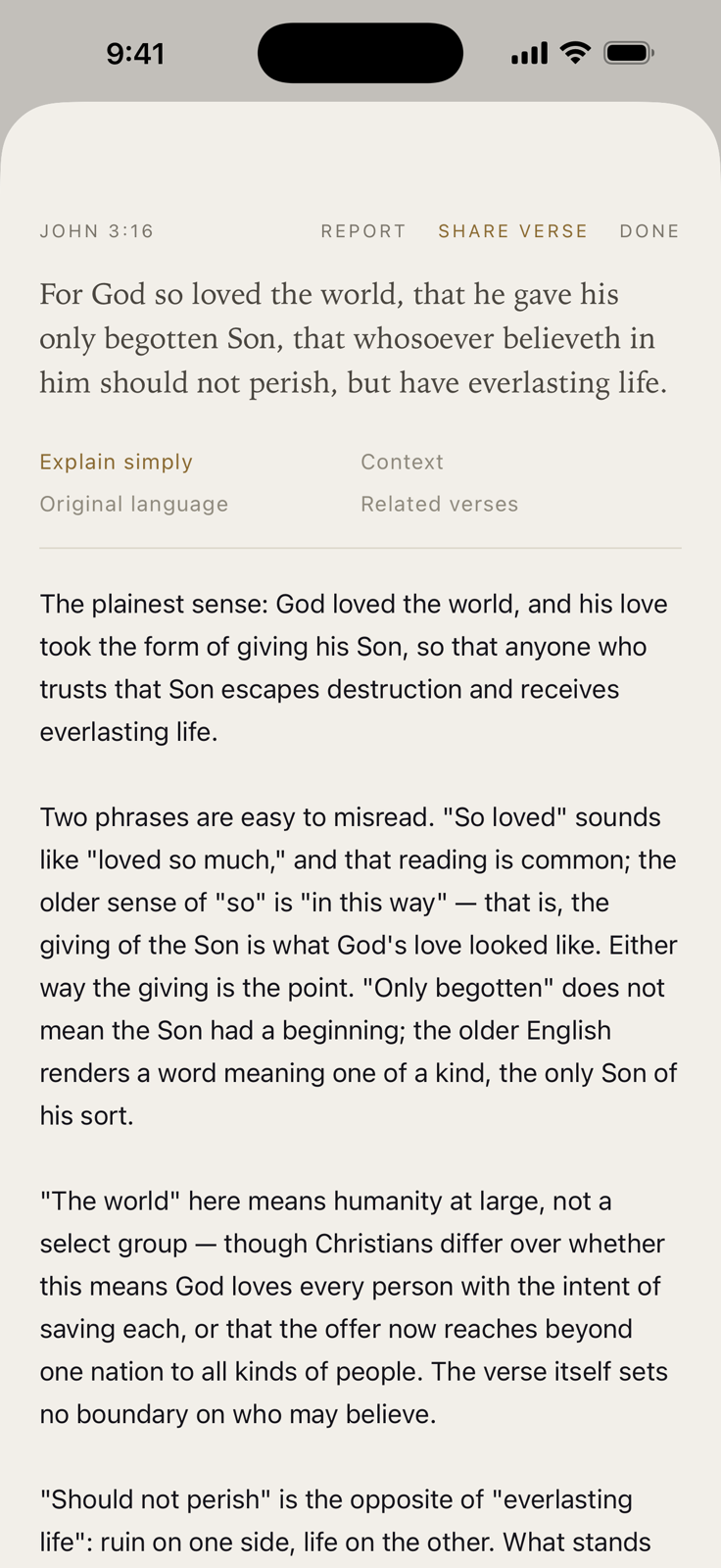 John 3:16 with a plain-English explanation open beneath it.